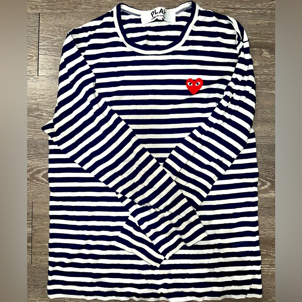 commes de garçon long sleeve navy blue & white striped tee